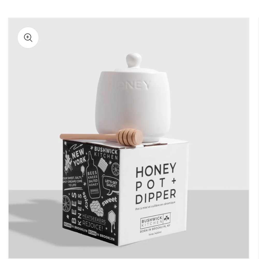 New in box Bushwick Kitchen White Honey Pot and Dipper